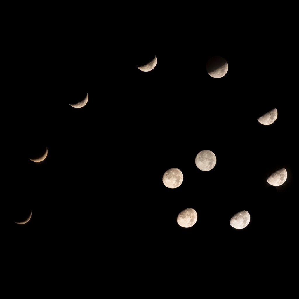 Scatto che combina più fotografie effettuate nello stesso ciclo lunare alla luna. Le foto sono disposte sul rapporto aureo