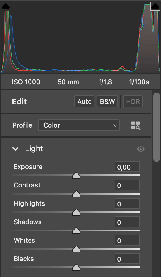 Effetto Regolazione Bianchi su Istogramma