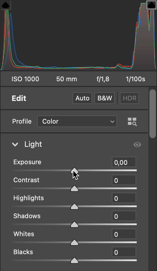 Effetto del parametro di Esposizione su Istogramma