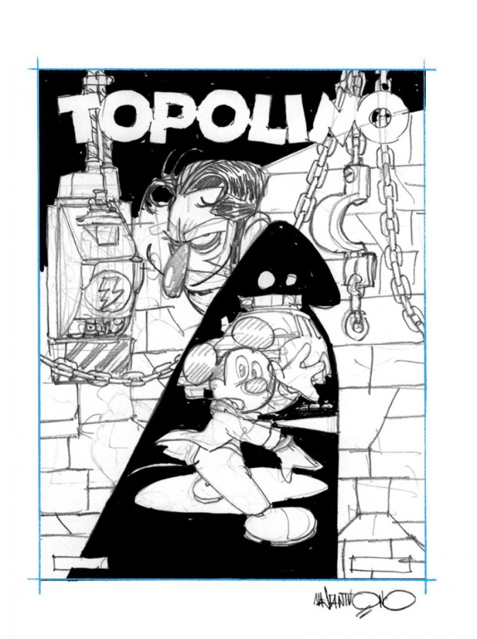 Sketch di copertina ad opera di Corrado Mastantuono per la storia La Notte Bianca dell'Uomo in Nero, su Topolino 3965