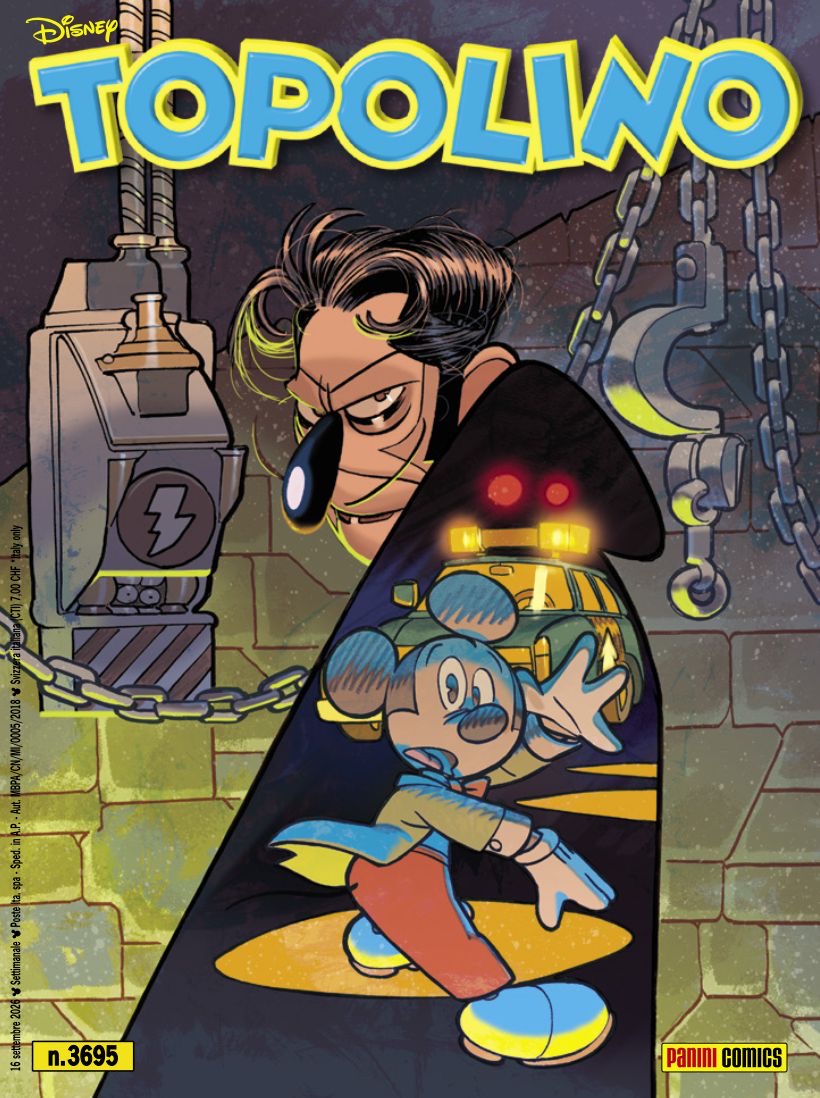 Immagine di copertina ad opera di Corrado Mastantuono per la storia La Notte Bianca dell'Uomo in Nero, su Topolino 3965